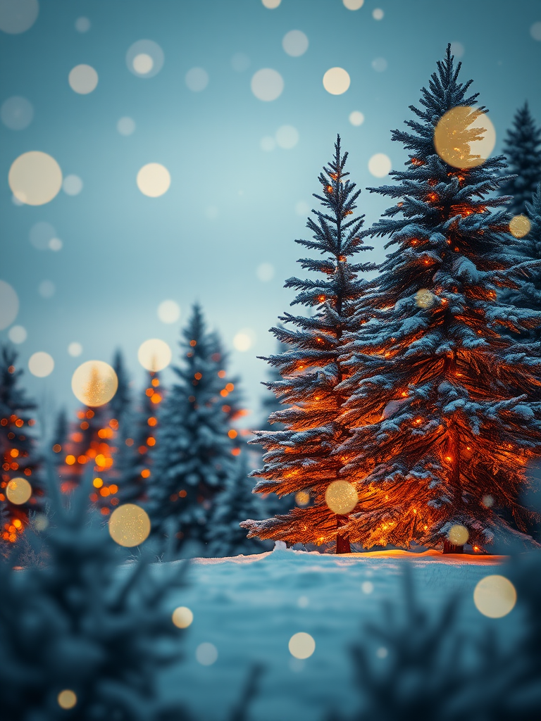 Create a serene winter landscape featuring tall evergreen trees adorned with warm golden lights surrounded by softly falling snowflakes in a dreamy twilight setting with a blurred background of glowing orbs and a gentle ambiance of holiday spirit.