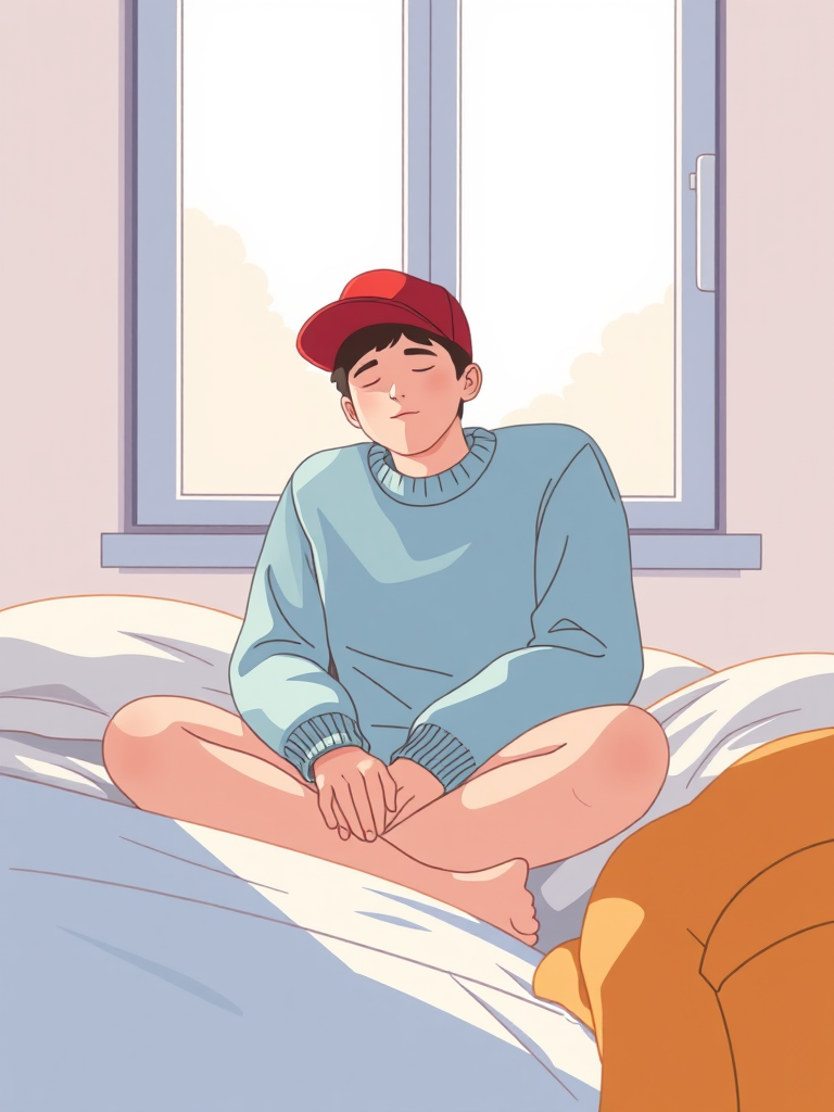 Create an illustration of a relaxed person sitting on a bed, wearing a red cap and a light blue sweater, with a calm expression, in a room with a large window letting in soft light, using a smooth vector art style, shot with a Canon EOS R5 at f/2.8, ISO 100, 35mm lens, focusing on the subject's expression and the interplay of light and shadows.
