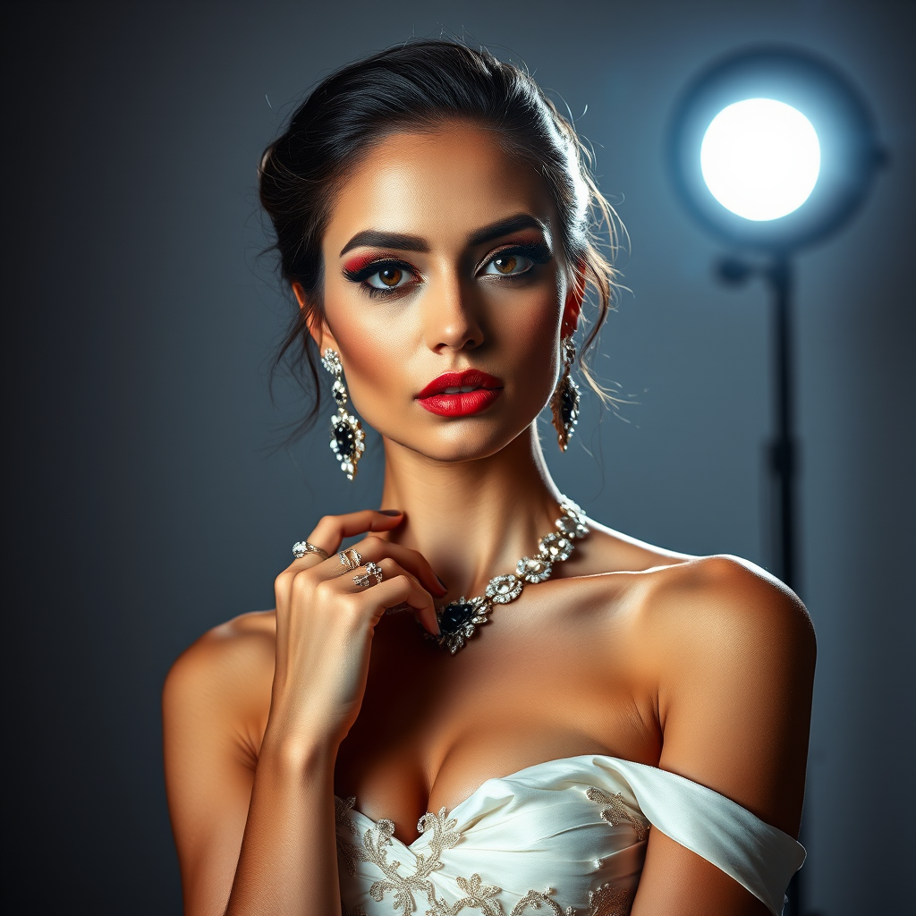 Studio portrait, female model, elegant couture dress, bold makeup, dramatic lighting, Shoot over the shoulder using a telephoto lens to focus on small details like jewelry, makeup, or fabric textures