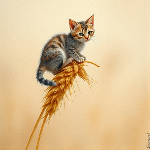 Soft, muted Alcohol Ink with ebru effect background image of tiny whimsical cat, who climbed high on the top of a golden rye ear.