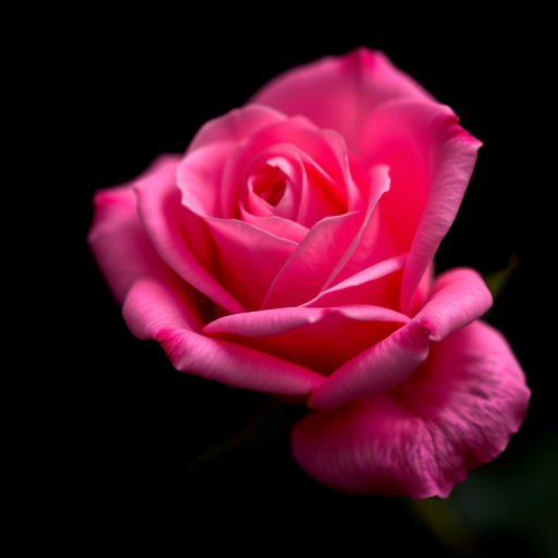 close-up of a pink rose on a black background, shallow depth of field, aperture f/2.8, ISO 100, 50mm lens, natural light, macro photography, DSLR camera