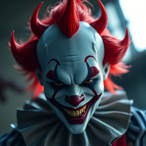 Generate a highly detailed portrait of a sinister clown with sharp red spikes for hair and an eerie smile, using a Canon EOS R5 camera with a 50mm f/1.2 lens, shot in natural light from a low-angle view for dramatic effect, with soft focus on the background to enhance the subject's details and texture.