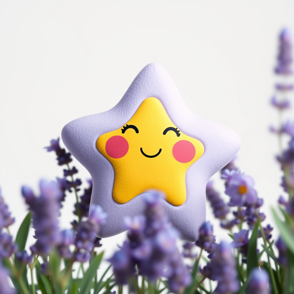 Create a cute, smiling lavender star character on a white background, with a soft focus lens effect, using a Canon EOS R5 camera, 50mm lens at f/1.8, ISO 200, in a bright studio setting.