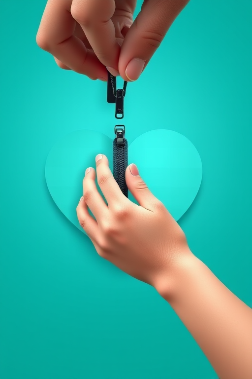 Create a vector illustration of a hand sewing a zipper through a heart shape on a solid turquoise background, using a Canon EOS R5 camera with f/4 aperture, 50mm lens, low angle view, and soft lighting to enhance image quality.