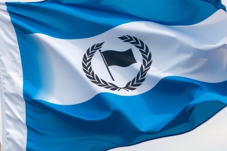 Create an image of a waving flag with a blue and white color scheme, featuring a black flag emblem inside a circular laurel wreath, using a DSLR camera with a focal length of 50mm, aperture set to f/8, ISO 100, at a low angle to emphasize movement and texture.