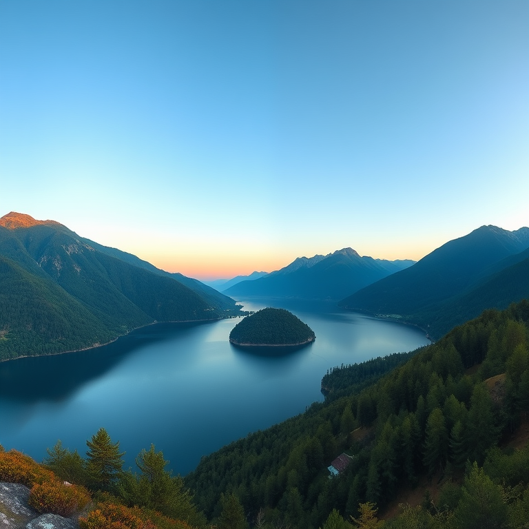 Generate a high-quality image of a serene landscape featuring a calm lake surrounded by lush green mountains during sunset, captured with a DSLR camera using a 24mm lens at f/8, ISO 100, and a shutter speed of 1/125 sec, in a panoramic view for a wide perspective.