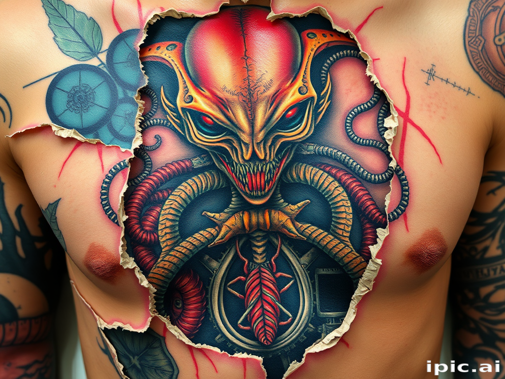 Biomechanical horror tattoo revealing grotesque alien anatomy beneath torn skin, incorporating hyperrealistic textures and vibrant colors for a truly unsettling