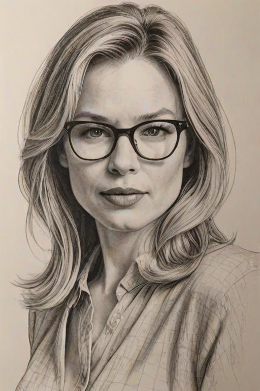 Enchanting Renee Zellweger, pencil sketch, portrait of Stunning woman 1975s in glasses, hair style beatnik, outline, clear lines, fine lines, 8k