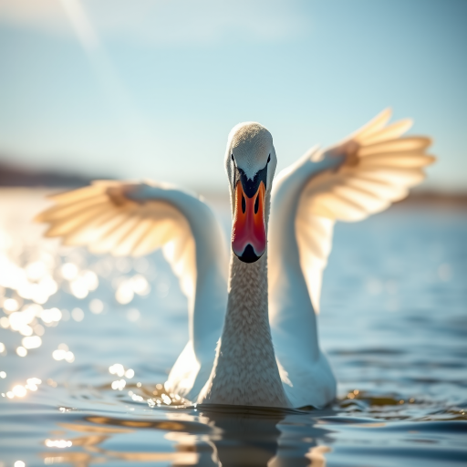 capture a swan with wings spread wide in a sunlit lake, using a DSLR camera with a 100mm macro lens, f/2.8 aperture, ISO 200, shutter speed 1/500 sec, shallow depth of field, soft focus background, and natural lighting for enhanced clarity and detail