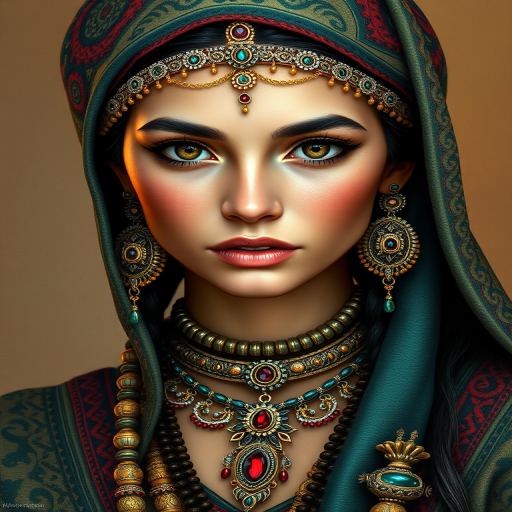 Create a portrait of a beautiful Aztec woman with striking brown eyes and a gentle expression. She is adorned in traditional attire with intricate patterns, including a richly embroidered headscarf and matching garments. Her jewelry includes a delicate headpiece, dangling earrings, and ornate bracelets, all featuring vibrant gemstones and detailed metalwork. The background is soft and warm, enhancing the rich colors of her outfit and jewelry.