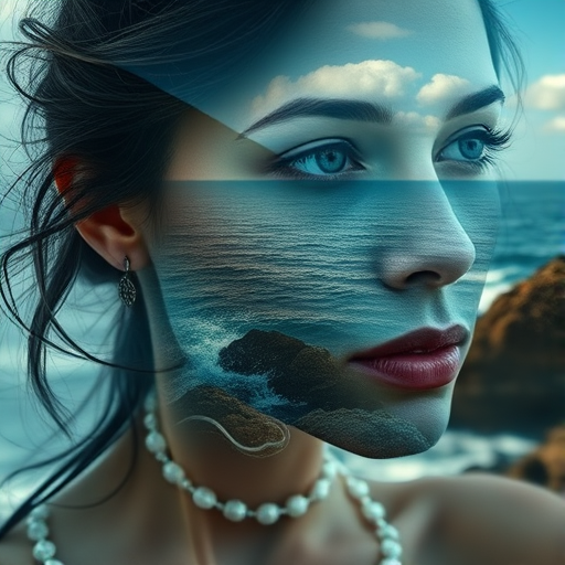 create Book cover, A surreal double exposure portrait that blends a woman's face with a beautiful seascape. The overall mood is dreamy and mystical, with rich colors and intricate details
