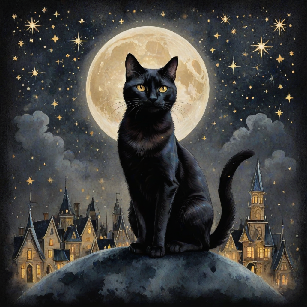 a stylized black cat with iridescent golden arabesques all over its body, on a grungy smoky black background with matching celestial designs, a full moon with silhouettes of lit houses, bright shooting stars, dazzling, magical BG, reminiscent of Christmas wonderland