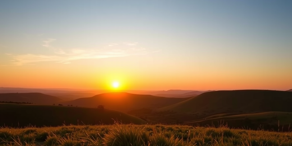 Create a high-resolution image of a serene landscape with a sunset over rolling hills, using a Canon EOS R5, 25mm lens, f/8 aperture, ISO 100, 1/200 sec shutter speed, taking the shot from a low angle for a dramatic view, in natural light to enhance colors and details.