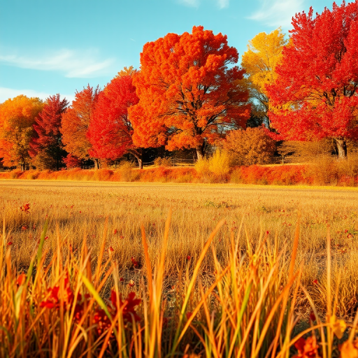 Create a vibrant landscape image of a field with colorful autumn foliage featuring red, orange, and yellow trees, a clear sky in the background, taken with a DSLR camera at f/8 aperture, ISO 100, 24mm lens, using a wide-angle view to capture depth and detail in the foreground and background.