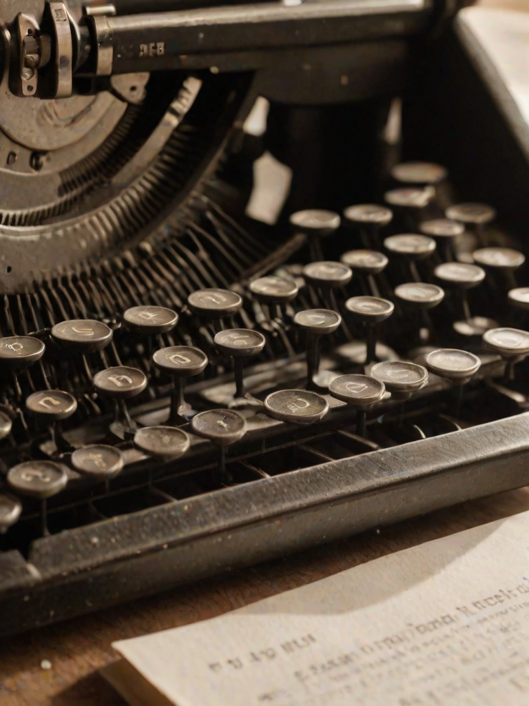 Close-up of an old typewriter, a sheet of paper midway through with the first few typed words visible, soft sunlight illuminating the worn keys and a half-empty cup of coffee nearby.