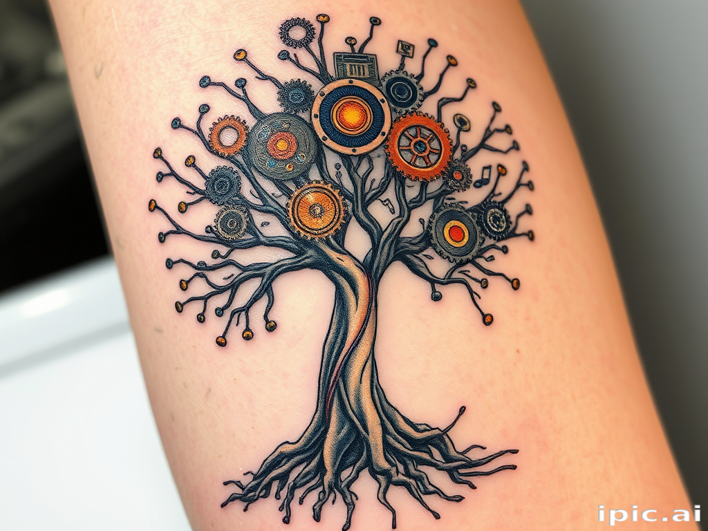 Surrealist tattoo titled "Dreamscape Fusion" merging elements of nature and technology, with a tree sprouting circuit boards and gears instead of leaves, rendered in a mix of realistic and abstract styles