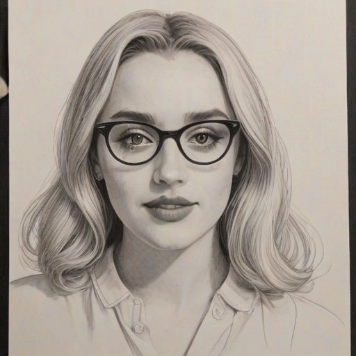 Radiant Harley Quinn Smith, pencil sketch, portrait of Captivating woman 1965s in glasses, hair style beatnik, outline, clear lines, fine lines, 8k