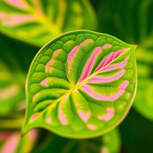 Capture a vibrant leaf of a plant with rich green and pink variegation under natural light, using a DSLR camera with a macro lens at f/2.8, 1/250s shutter speed, ISO 100, positioned at a 45-degree angle to emphasize texture and detail.
