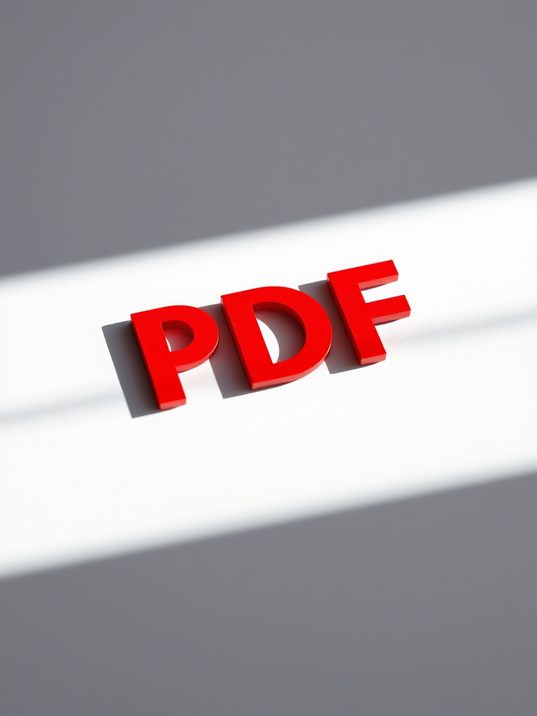 Create a high-resolution image of a red PDF logo on a white background with soft shadows, using a Canon EOS 5D Mark IV, 50mm f/1.8 lens, ISO 100, aperture f/2.8, and a slight tilt-up angle for artistic depth.