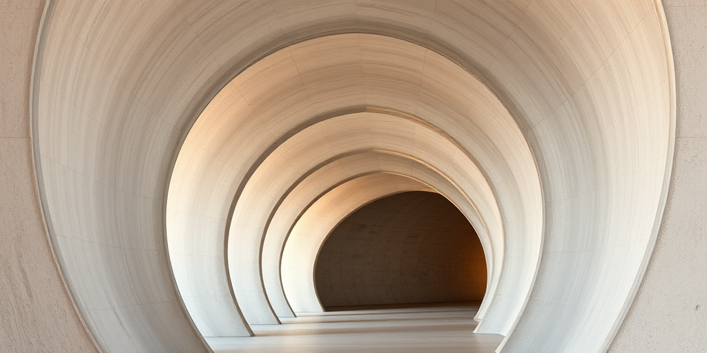 interior of an abstract architectural corridor with smooth concrete curves, soft natural light filtering through the arches, high resolution, shot with a Canon EOS R5, 24mm lens, f/2.8 aperture, 1/125 sec shutter speed, ISO 100, wide-angle perspective, HDR processing for enhanced detail and contrast