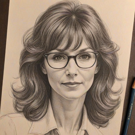 Gorgeous Mary Steenburgen, pencil sketch, portrait of Graceful woman 1970s in glasses, hair style beatnik, outline, clear lines, fine lines, 8k
