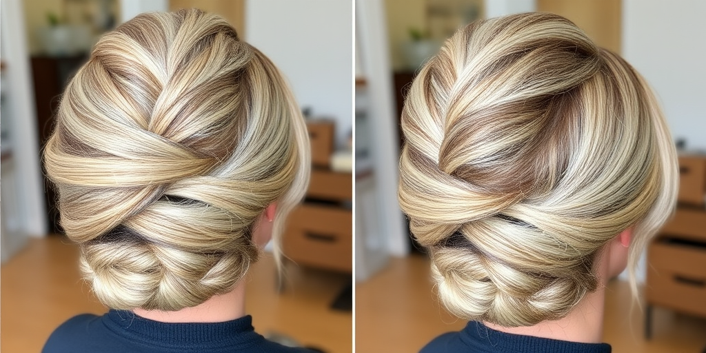 Elegant ash blonde French twist with silver lowlights, created by Greta Silverstone, exhibiting a smooth, polished finish and intricate braided details wrapped around the base