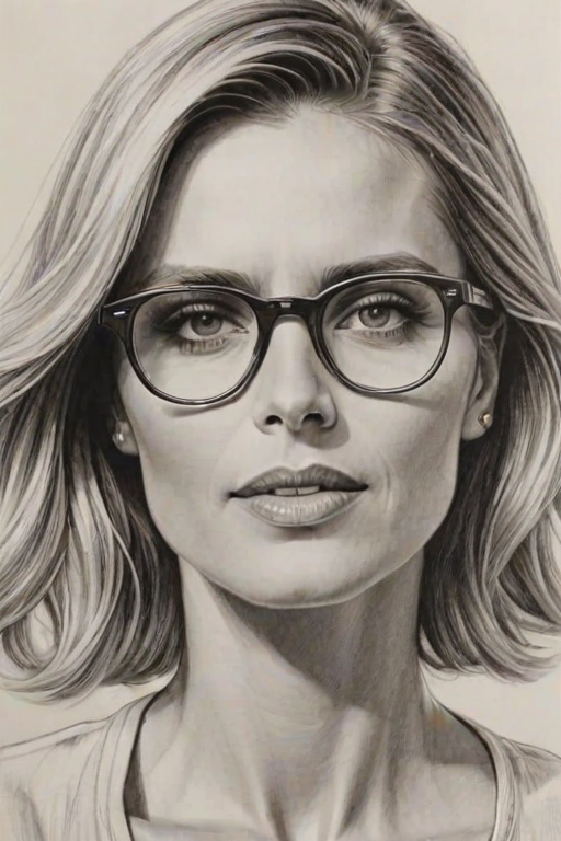 Fascinating Heidi Klum, pencil sketch, portrait of Enticing woman 1932s in glasses, hair style beatnik, outline, clear lines, fine lines, 8k