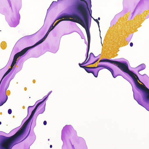 Create an abstract watercolor artwork featuring swirling purple, black, and gold elements on a white background, taken with a Canon EOS R5 at f/4, 1/125s, ISO 100, shot from above for a flat lay perspective, in a vibrant and soft style.
