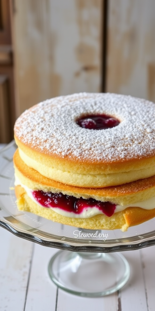 A beautifully baked sponge cake with a layer of cream and raspberry jam in the center, dusted with powdered sugar, displayed on a vintage glass cake stand with a rustic background.