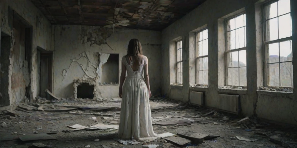 create an eerie scene in an abandoned, decaying building with broken windows and peeling walls, featuring a ghostly figure in a tattered white dress standing in the foreground amidst the ruins