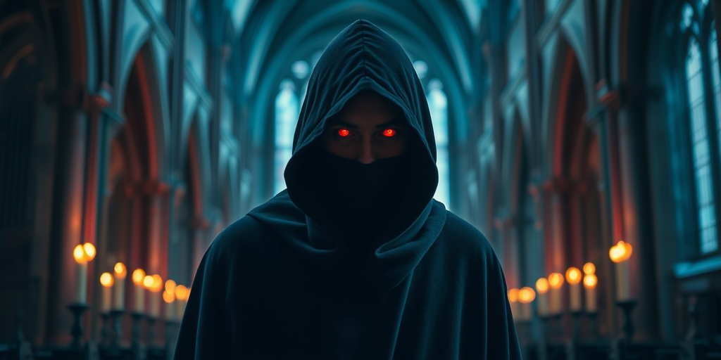 Create an image of a mysterious figure in a dark hooded cape with glowing red eyes, set in a gothic cathedral with candles illuminating the background, shot with a Canon EOS R5 at f/1.8, ISO 100, using a 50mm lens for a shallow depth of field and dramatic lighting.