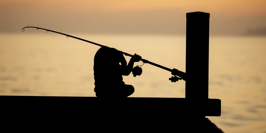 Create a high-contrast silhouette image of a child fishing while sitting on a pier, using a Canon EOS R5 with a 50mm f/1.2 lens, aperture set to f/2.8, ISO 100, shutter speed 1/250 sec, captured from a side profile view to enhance details and clarity.