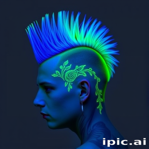 Neon green mohawk with shaved sides, designed by "Punk Peacock" stylists, featuring a tall, textured crest that gradually transitions to electric blue at the tips, accented by intricate, UV-reactive line work etched into the shaved portions, creating a bold, rebellious statement.