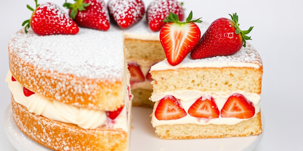 A delicious layered cake with creamy filling and fresh strawberries on top, dusted with powdered sugar, served on a white plate, showcasing a slice revealing the strawberry layers inside.