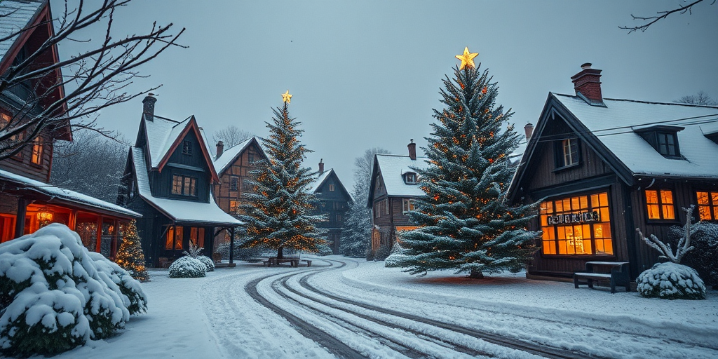 Generate a winter scene featuring a cozy village with a large decorated Christmas tree, soft snow covering the ground and rooftops, warm glowing lights in windows, captured with a Canon EOS R5, 24mm lens, aperture f/2.8, ISO 400, focal length 24mm, in a wide-angle perspective to enhance depth and detail.
