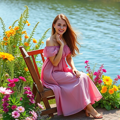 a young woman in a flowing pink dress sitting on a wooden chair surrounded by colorful flowers near a serene body of water on a sunny day