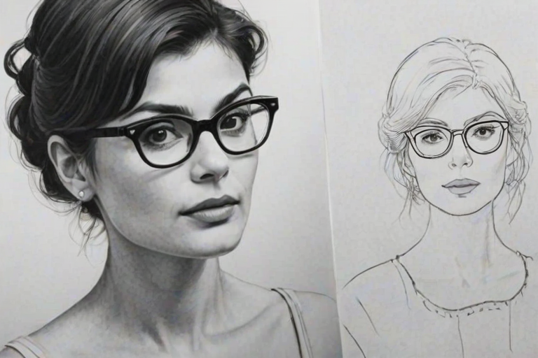 Alluring Audrey Tautou, pencil sketch, portrait of Superb woman 1956s in glasses, hair style beatnik, outline, clear lines, fine lines, 8k