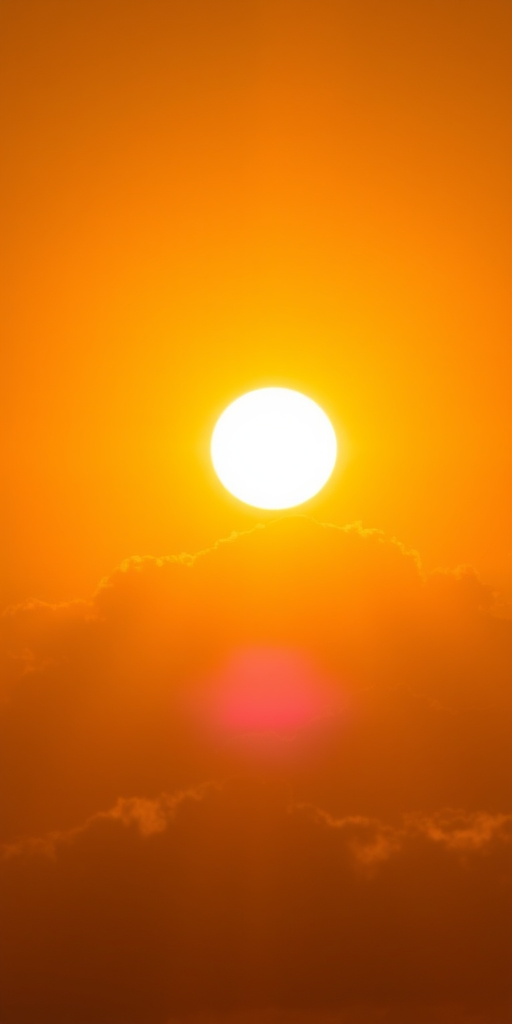 Create a vibrant sun with golden rays and subtle clouds in the foreground, using a 50mm lens, aperture f/2.8, ISO 100, shooting in natural light, with a focus on high dynamic range for enhanced color and detail.
