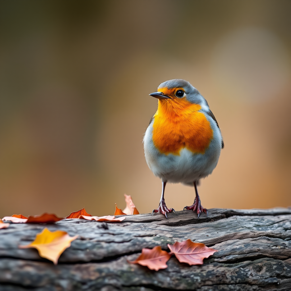 a close-up photograph of a robin perched on a log with autumn leaves, shallow depth of field, dslr camera, 50mm lens, f/2.8 aperture, ISO 200, natural lighting, soft bokeh background
