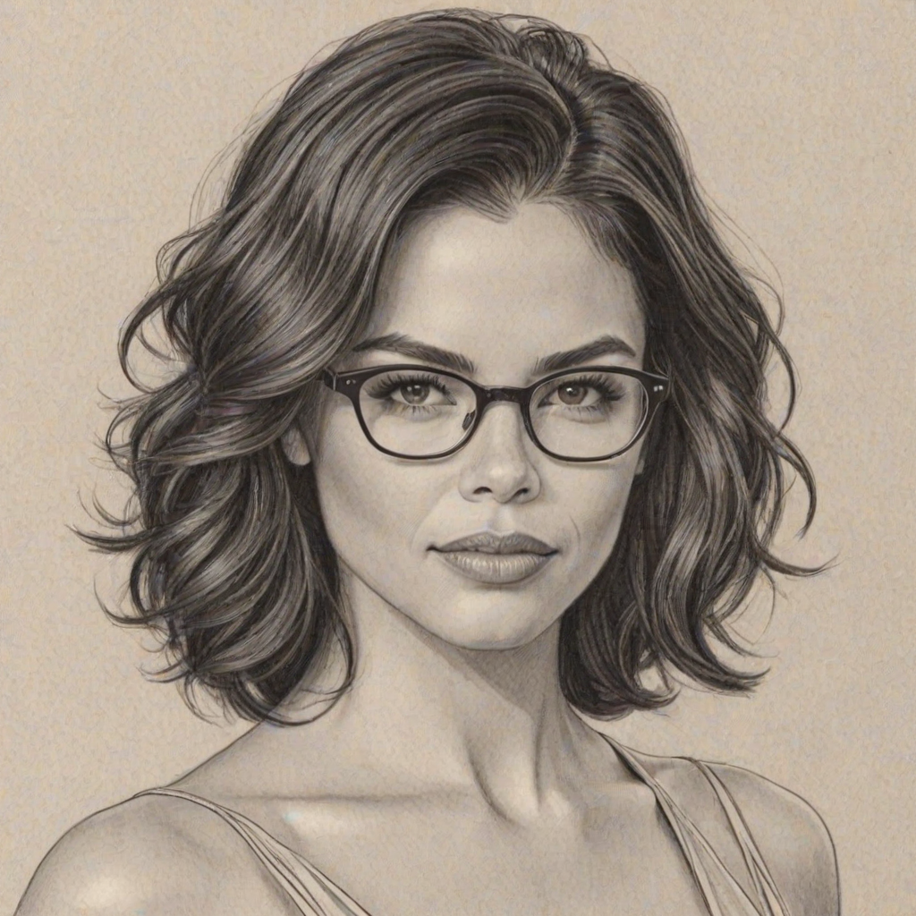 Radiant Jenna Dewan, pencil sketch, portrait of Enchanting woman 1956s in glasses, hair style beatnik, outline, clear lines, fine lines, 8k