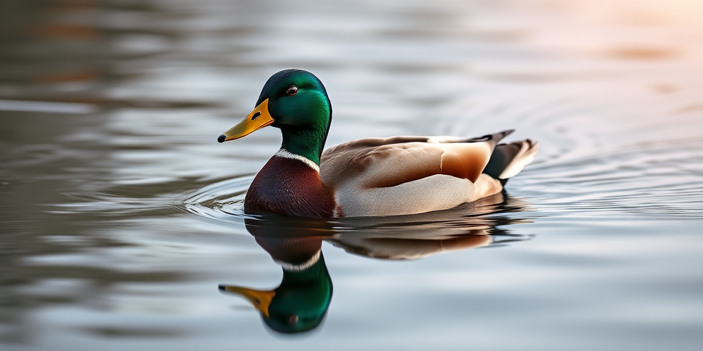 Capture a close-up of a male mallard duck swimming on a calm lake with reflections, using a DSLR camera with a 50mm lens, aperture set to f/4, shutter speed 1/200s, ISO 100, and a shallow depth of field to enhance details.