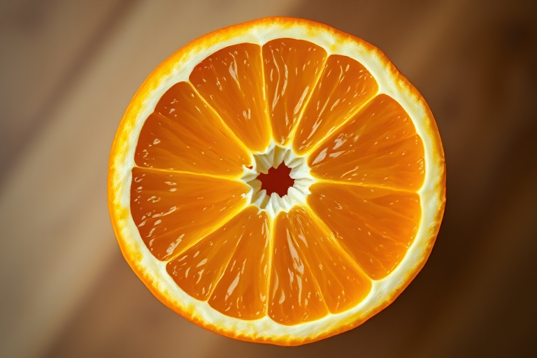 A vibrant orange with a sliced half showcasing its juicy interior, photographed with a Canon EOS R, 50mm lens, f/1.8 aperture, ISO 100, natural light from above, bright colors and sharp details.