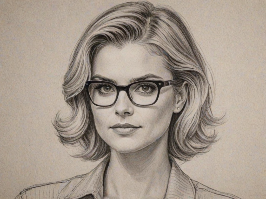 Captivating Eliza Coupe, pencil sketch, portrait of Sublime woman 1941s in glasses, hair style beatnik, outline, clear lines, fine lines, 8k