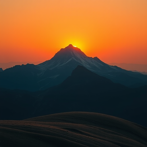 Generate a high-resolution image featuring a stylized depiction of a lone mountain with a sunset backdrop, shot with a Canon EOS R5, 24mm lens, f/8 aperture, ISO 100, at golden hour using a landscape photography style.