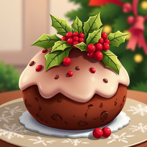 Create a digital illustration of a traditional Christmas pudding topped with holly leaves and red berries, using a high resolution of 300 DPI, with a vibrant color palette, from a front view perspective, resembling a cartoon style, captured with a digital camera set to f/8 aperture, ISO 100, and 50mm lens for enhanced clarity and detail.
