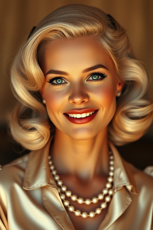 A beautiful Zulu woman reminiscent of 1950s Hollywood glamour, with perfectly styled blonde hair and a seductive smile, dressed in a satin blouse and adorned with pearls, soft and warm tones, photorealistic, 8K