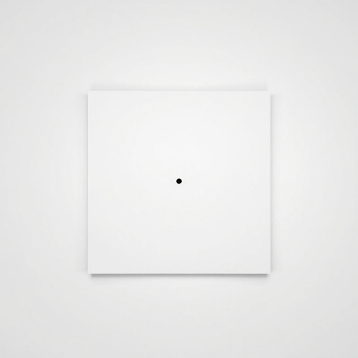 Create a high-resolution image of a plain white square with a small black dot in the center, shot with a Canon EOS R5 at f/8, ISO 100, 1/200s, using a top-down perspective, soft lighting, and minimalistic style.