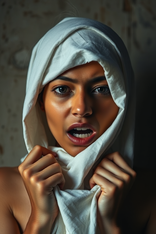 Create a close-up photographic image of a Indo-Caribbean woman with light skin tones shown against an old, worn wall. Their head is wrapped in a white cloth covering (i.e.... parts of the head except the nose and mouth, which are open as if they are screaming...), with a slight texture and visible folds in the fabric. Thin strands of blonde hair escape from the wrapping above, falling lightly at the top and sides. Their hands hold the fabric as if they are tugging nervously. The lighting is dramatic and even, casting strong shadows. The image has a minimalist and surreal style with an emphasis on simplicity with soft color tones. The composition is centered.