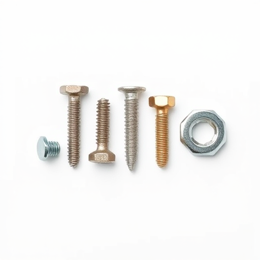 Create a high-resolution image of three different types of screws and one nut arranged in a line on a white background, using a DSLR camera, aperture f/8, ISO 100, 50mm lens, with a softbox lighting setup for even illumination and shadows.