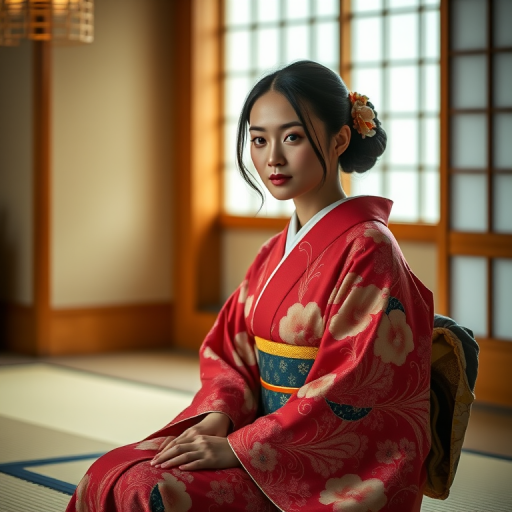 Create an image of a woman in a traditional kimono, seated gracefully in a Japanese tatami room, soft natural lighting, captured with a Canon EOS R5, 85mm f/1.2 lens, aperture at f/2.8, ISO 100, shallow depth of field for a blurred background, focusing on the intricate details of the kimono and the serene expression of the subject.